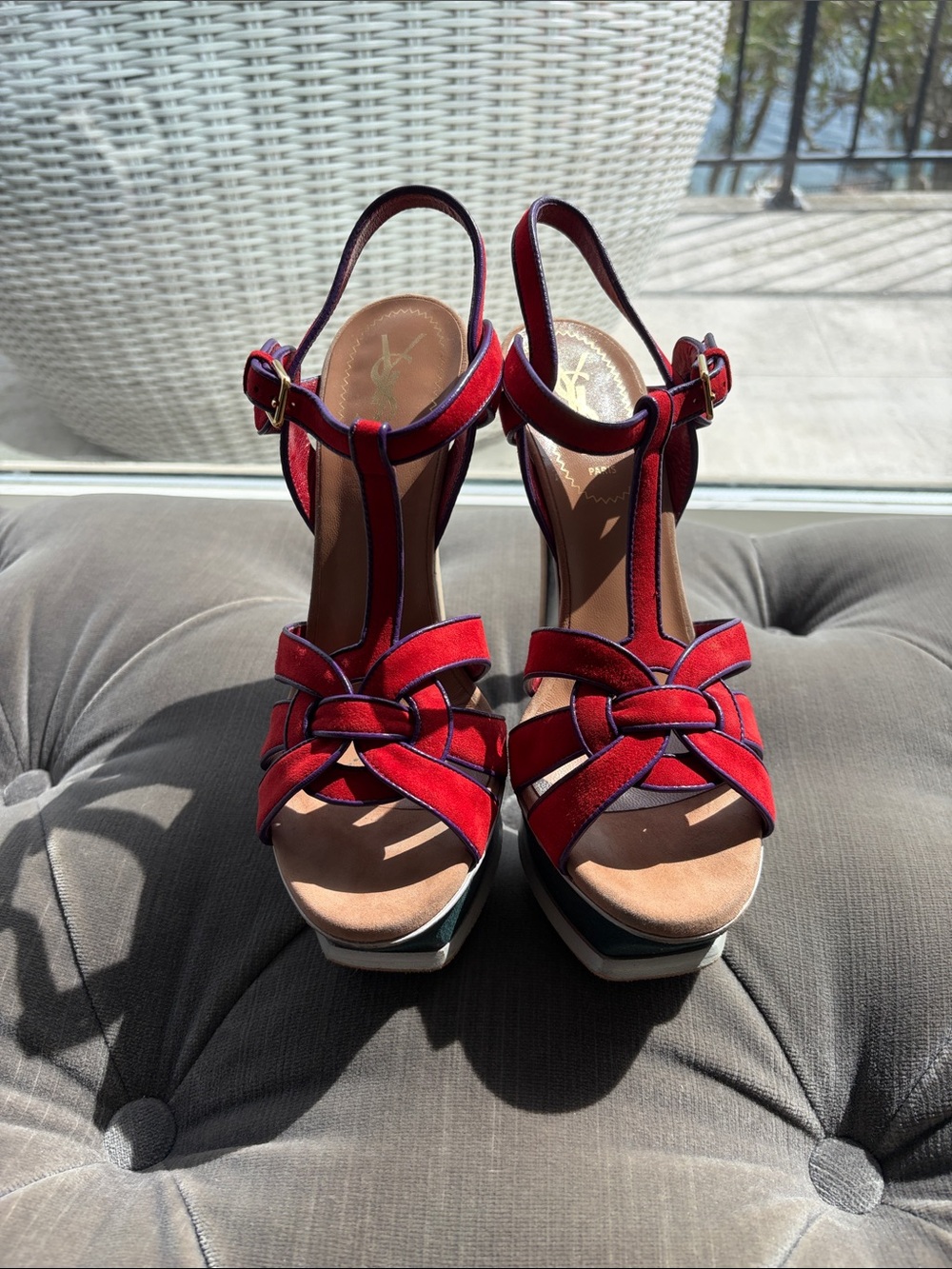YSL Saint Laurent Tribute Red Suede Knotted T-Strap Platform Sandals- deal! Bag - Picture 12 of 13